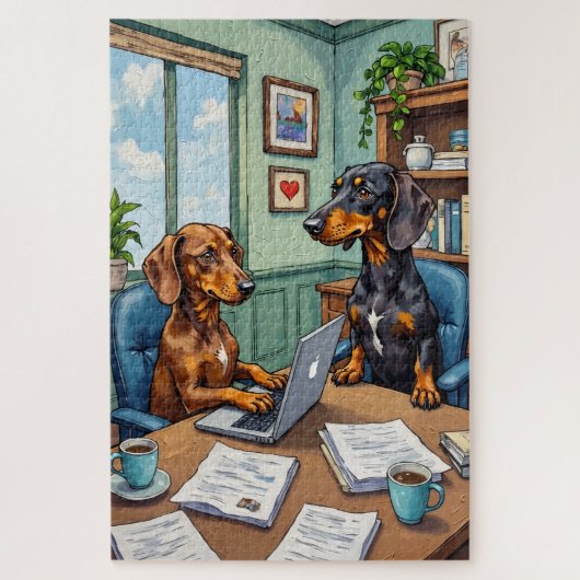 Funny Dachshund Office Life Dog Lover Art ジグソーパズル (縦)
