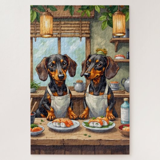 Funny Dachshund Sushi Bar Dog Lover Art ジグソーパズル (縦)