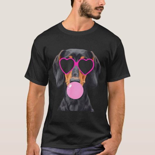 Funny Dachshund Wearing Gles And Blowing Nk Bubble Tシャツ (正面)