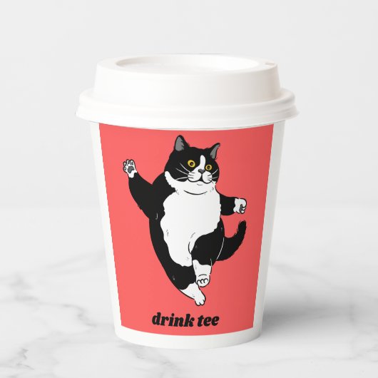 Funny Dancing Cat Paper Mug – Cute Black & White C 紙コップ (正面)