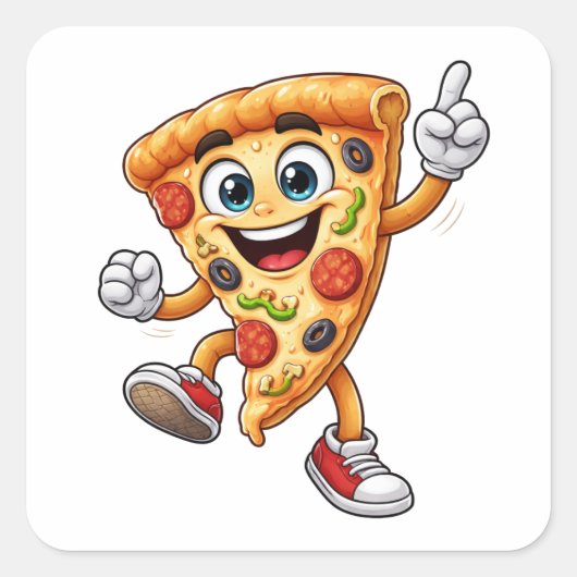 Funny Dancing Pizza Slice Cartoon Sticker スクエアシール (正面)