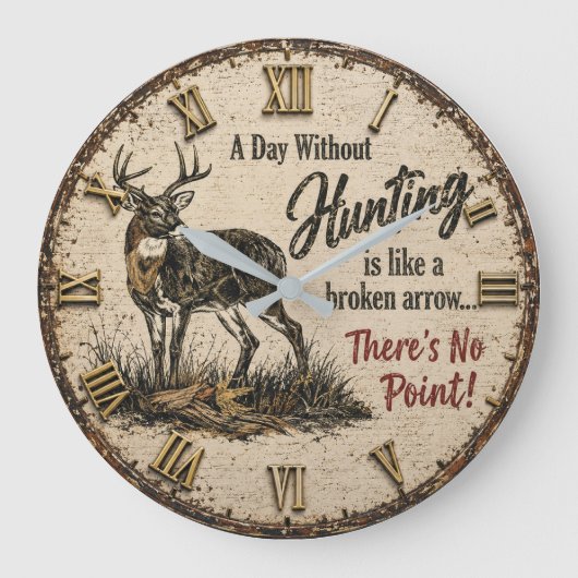 Funny Deer Hunter Cabin Hunting Joke Gift Lodge ラージ壁時計 (正面)