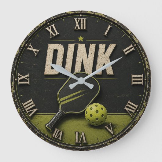 Funny Dink Rustic Vintage Pickleball ラージ壁時計 (正面)