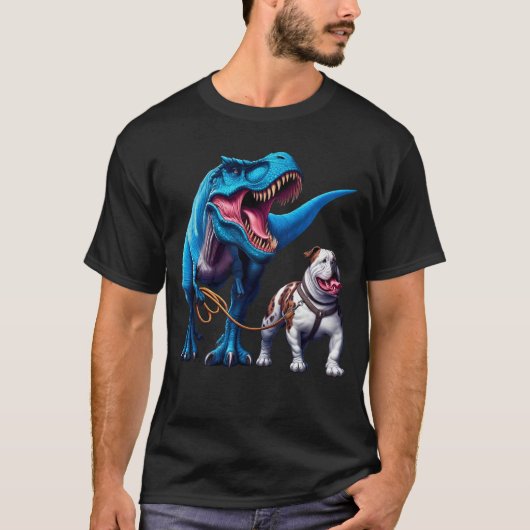 Funny Dinosaur American Bulldog Walking Dog Lover Tシャツ (正面)