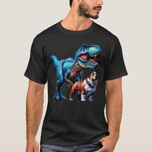 Funny Dinosaur English Bulldog Walking Dog Lover Tシャツ (正面)