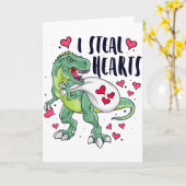 Funny Dinosaur Hearts Valentines Day T-rex  カード (黄色い花)