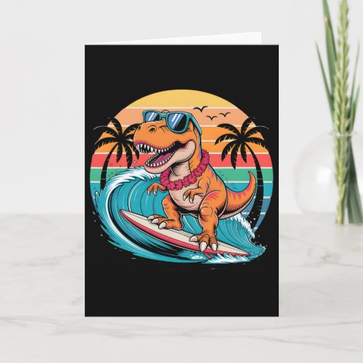 Funny Dinosaur Surfboard Beach Summer Surfing Trex カード (正面)
