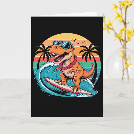 Funny Dinosaur Surfboard Beach Summer Surfing Trex カード (黄色い花)
