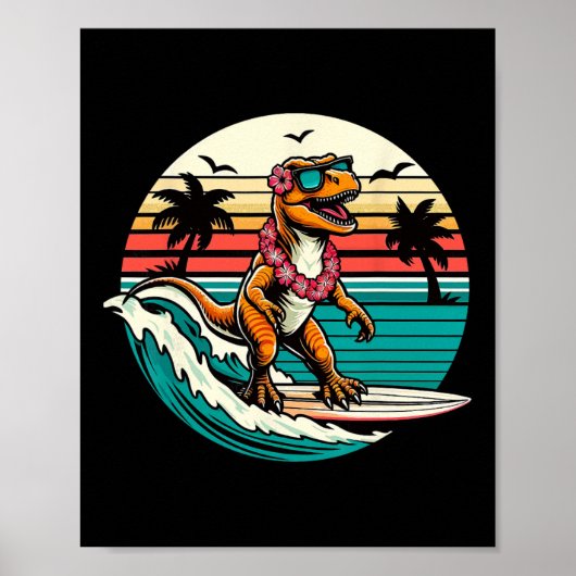 Funny Dinosaur Surfboard Beach Summer Surfing Trex ポスター (正面)