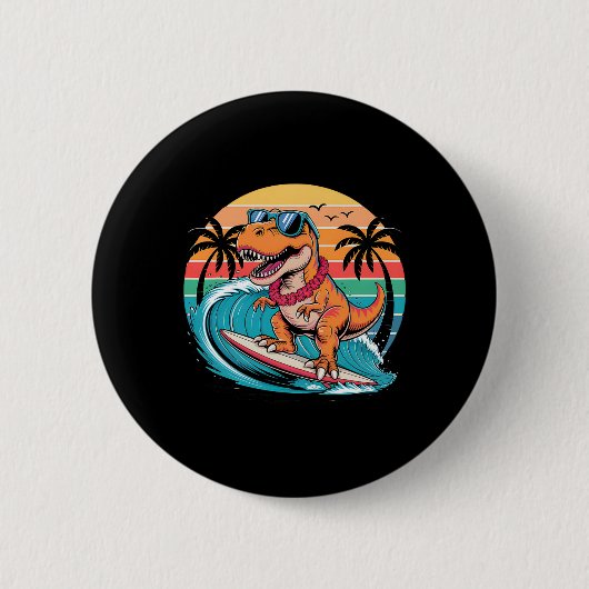 Funny Dinosaur Surfboard Beach Summer Surfing Trex 缶バッジ (正面)
