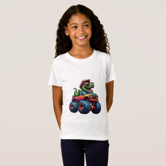 Funny Dinosaur T Rex On Monster Truck Tシャツ (正面フル)