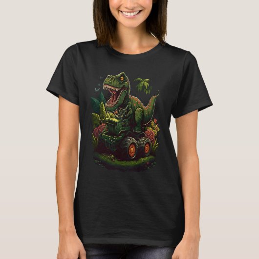 Funny Dinosaur Taking Monster Truck Joyride Tシャツ (正面)