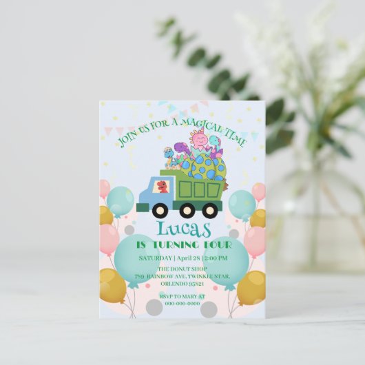 Funny dinosaur Trash truck Birthday party Name ポストカード (スタンド正面)