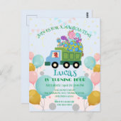 Funny dinosaur Trash truck Birthday party Name ポストカード (正面/裏面)