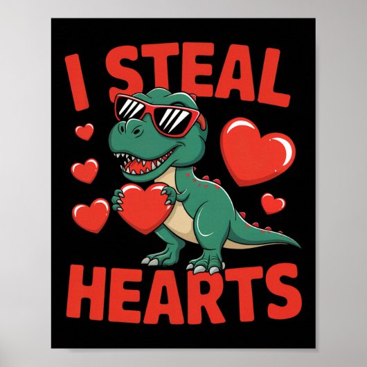 Funny Dinosaur Valentine Design With Hearts  ポスター (正面)