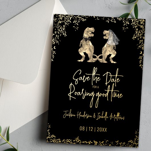 Funny Dinosaur Wedding Save the Date Black Gold 箔招待状