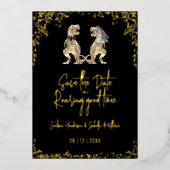 Funny Dinosaur Wedding Save the Date Black Gold 箔招待状 (正面)