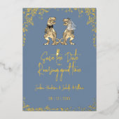 Funny Dinosaur Wedding Save the Date Blue Gold 箔招待状 (正面)
