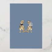 Funny Dinosaur Wedding Save the Date Blue Gold 箔招待状 (裏面)