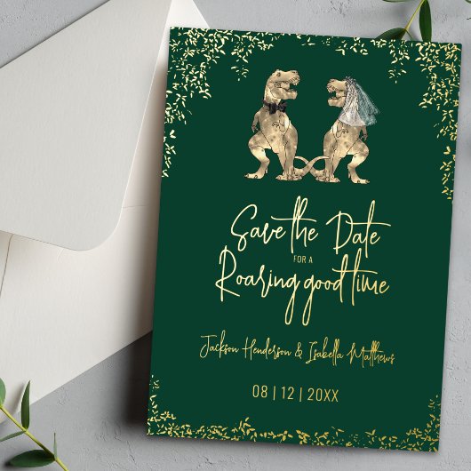 Funny Dinosaur Wedding Save the Date Gold 箔招待状