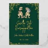 Funny Dinosaur Wedding Save the Date Gold 箔招待状 (正面)