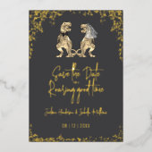 Funny Dinosaur Wedding Save the Date Gray Gold 箔招待状 (正面)