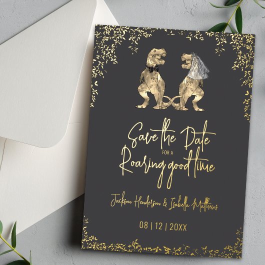 Funny Dinosaur Wedding Save the Date Gray Gold 箔招待状