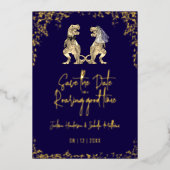 Funny Dinosaur Wedding Save the Date Navy Gold 箔招待状 (正面)