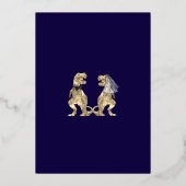 Funny Dinosaur Wedding Save the Date Navy Gold 箔招待状 (裏面)