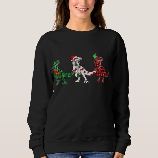 Funny Dinosaur Xmas Tree Lights Red Plaid T Rex Ch スウェットシャツ (正面)