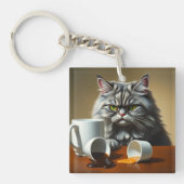 Funny Disappointed Cat With Coffee Mug キーホルダー (正面)