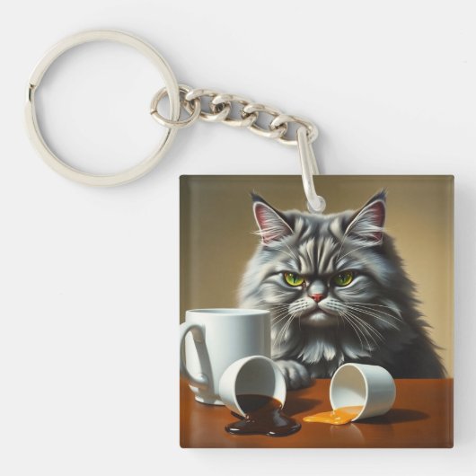 Funny Disappointed Cat With Coffee Mug キーホルダー (正面)