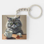 Funny Disappointed Cat With Coffee Mug キーホルダー (裏面)