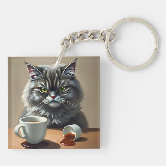 Funny Disappointed Cat With Coffee Mug キーホルダー (裏面)