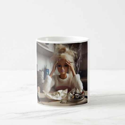 Funny Distressed Doll Face Meme Smoking Sarcastic コーヒーマグカップ (中央)