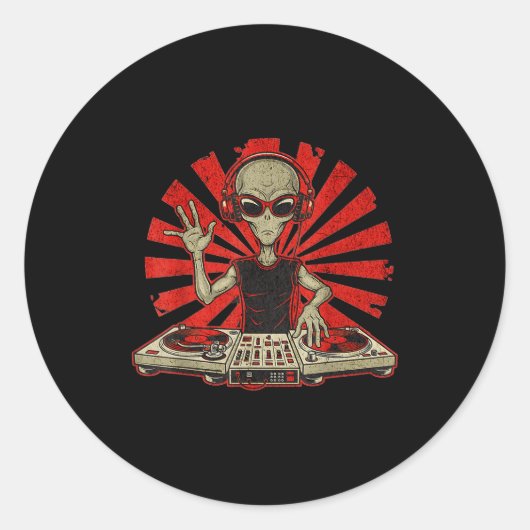 Funny Dj Graphic Tee Music Lover Alien Dj Music Mi ラウンドシール (正面)