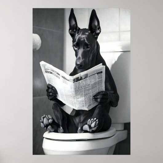 Funny Doberman Bathroom Print, Dog Reading ポスター (正面)