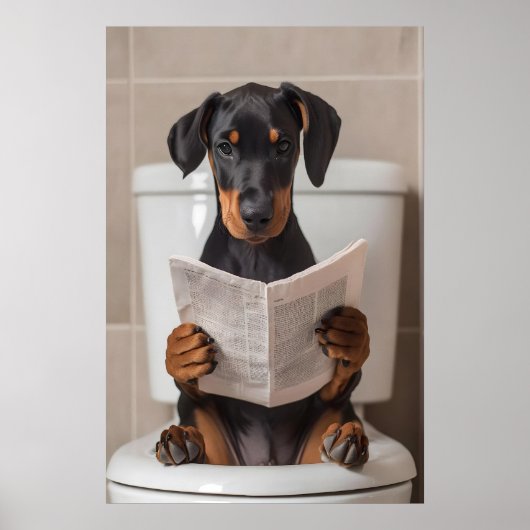 Funny Doberman Bathroom Print, Reading Newspaper ポスター (正面)