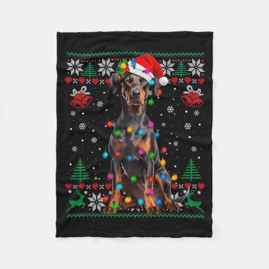 Funny Doberman Christmas Santa Hat Dog Ugly Sweate フリースブランケット (正面)