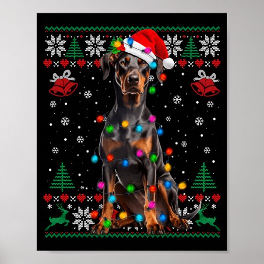 Funny Doberman Christmas Santa Hat Dog Ugly Sweate ポスター (正面)