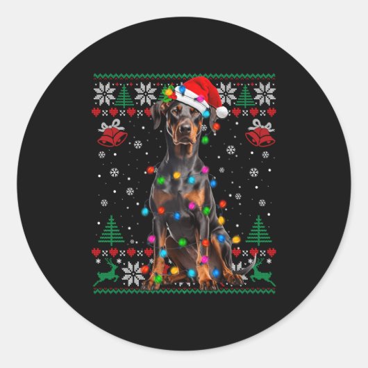 Funny Doberman Christmas Santa Hat Dog Ugly Sweate ラウンドシール (正面)
