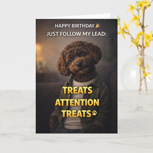 Funny Dog Birthday Card Treats Attention Cockapoo カード (黄色い花)