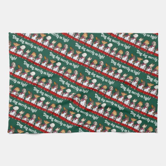 Funny Dog Choir Ding Dog Xmas Carol Pun Cartoon キッチンタオル (横)