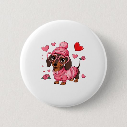 Funny Dog Dachshund Valentines Heart Dog Lover Men 缶バッジ (正面)