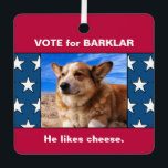 Funny Dog Election 2 Pet Photos USA Flag Stars Red メタルオーナメント<br><div class="desc">This funny election parody ornament holds two pet photos, your dogs' names, and a silly campaign slogan of your own invention. Bring some humor to voting season and get your canine running for office... it's great exercise ;) Red white and blue with American flag stars shows your fur baby's patriotic...</div>