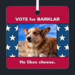 Funny Dog Election 2 Pet Photos USA Flag Stars Red メタルオーナメント<br><div class="desc">This funny election parody ornament holds two pet photos, your dogs' names, and a silly campaign slogan of your own invention. Bring some humor to voting season and get your canine running for office... it's great exercise ;) Red white and blue with American flag stars shows your fur baby's patriotic...</div>