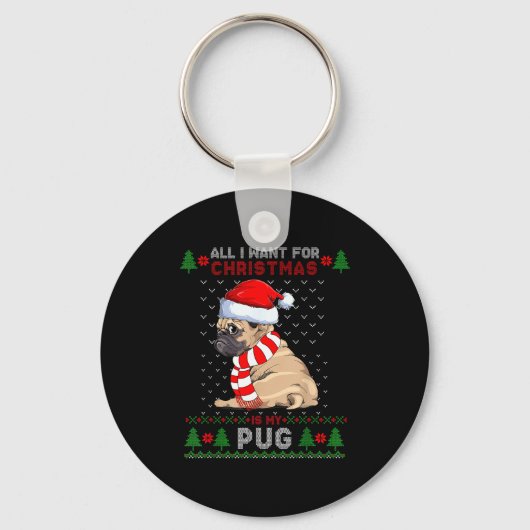 Funny Dog Lovers Cute Pug Santa Hat Ugly Christmas キーホルダー (正面)