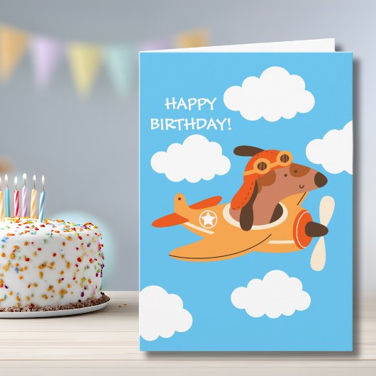 Funny Dog Pilot Flying Airplane Boy Birthday カード