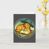 Funny Dog Reading Book Rain Cozy Umbrella Cute Art カード (黄色い花)