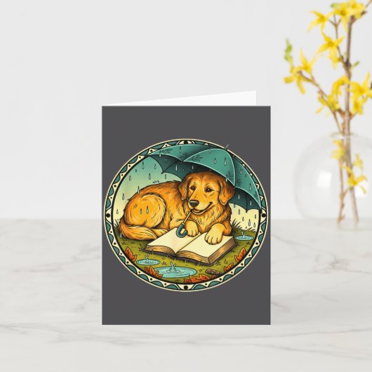 Funny Dog Reading Book Rain Cozy Umbrella Cute Art カード (黄色い花)